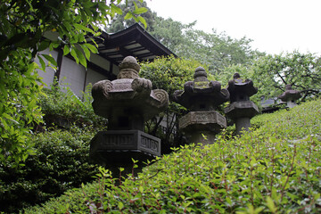 stone lanterns at the zuihoden (date masamune's mausoleum) in sendai in japan 