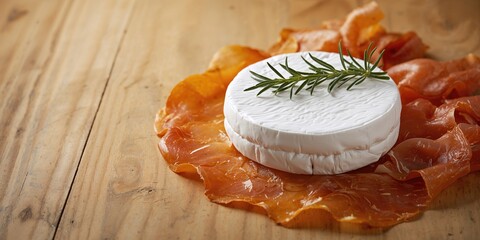 Cheese brie infused with rosemary alongside prosciutto ham on rustic wood, suitable for culinary styling