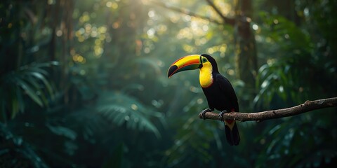 Obraz premium Colorful Ramphastos sulfuratus resting on a forest branch, emphasizing tropical ecosystem richness, World Biodiversity Day