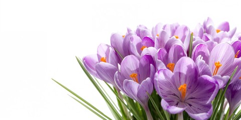Naklejka premium Cluster of purple crocus flowers with green leaves isolated on white, ideal for spring-themed backgrounds or floral arrangements
