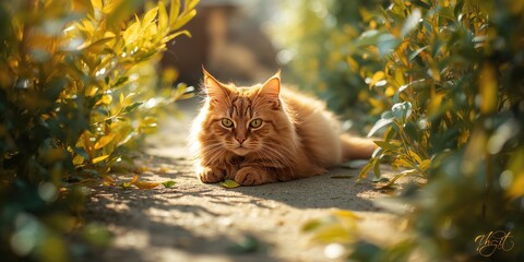 Orange feline lying outside with leaves in foreground and background, highlighting seasonal change
