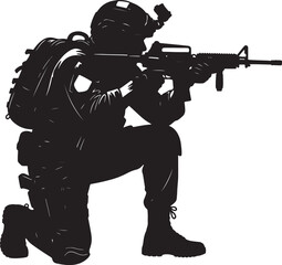 Silhouette of a soldier kneeling with a rifle, conveying military action and readiness in a dynamic pose also transparent background