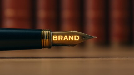 Brand storytelling content. holographic fountain pen writing golden light words into the air. blurred library background with books.