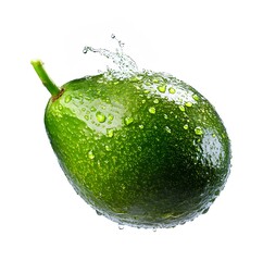 Fresh whole avocado covered with water droplets, captured in dynamic motion to emphasize natural texture, glossy skin, and refreshing freshness.