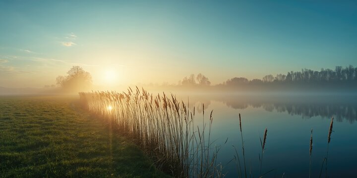 Reed at the lakeshore with mist and sunlight at dawn in spring, highlighting natural landscape features