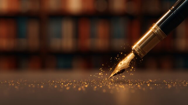 Brand storytelling content. holographic fountain pen writing golden light words into the air. blurred library background with books.
