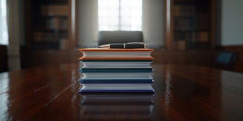 Paper, folders, and pen arranged for record keeping, highlighting office workflow