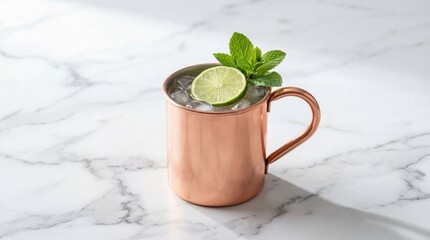 Minimalist Moscow Mule cocktail in a polished copper mug on white marble surface