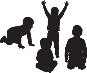 Silhouettes of four young children in various playful poses, capturing the innocence and energy of childhood development also transparent background