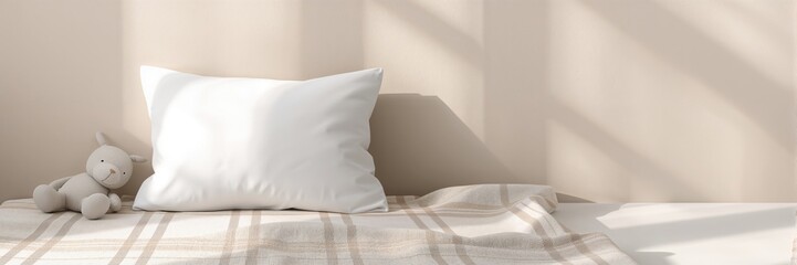 Nursery pillow and cushion arrangement on plaid background, baby comfort, Lifestyle.png