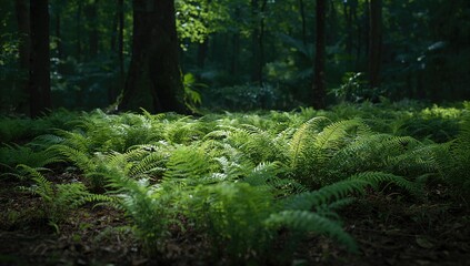 Obraz premium A vibrant woodland with abundant fern undergrowth, highlighting habitat diversity