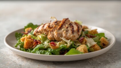 Fresh green salad with grilled chicken slices and creamy lemon Caesar dressing, ideal for a health-conscious meal, World Heart Day