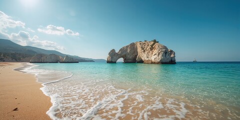Sand beach in Fava with clear waters close to Vourvourou, highlighting summer leisure on the Greek coast