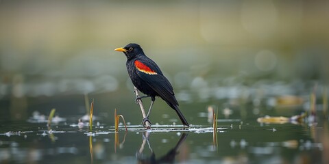 Red-winged blackbird resting among reeds in a wildlife reserve setting emphasizing bird conservation