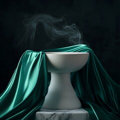 An elegant green silk velvet theater backdrop features a decorative stage curtain pattern with a dark textile texture and a candle light presentation