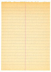 Vergilbte Blockseite liniert mit rotem senkrechtem Strich , oben ausgefranst und &auml;hnlich einem Vokabelheft