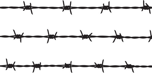 Three horizontal lines of sharp barbed wire silhouettes with intricate twists and sharp points creating a sense of confinement restriction or a boundary also transparent background