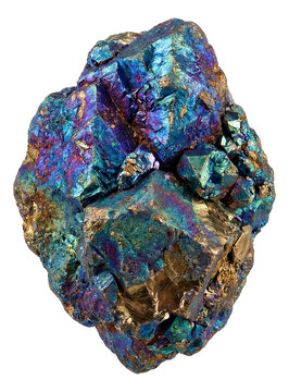 Bornite specimen with vibrant blue and purple tarnish on a brassy base.