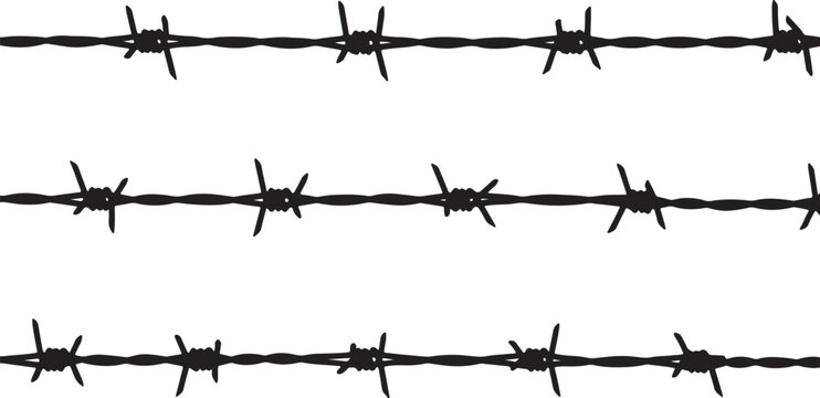 Three horizontal lines of sharp barbed wire silhouettes with intricate twists and sharp points creating a sense of confinement restriction or a boundary also transparent background