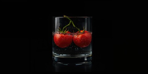 Two tomatoes submerged in water in a glass cup for freshness preservation, food safety