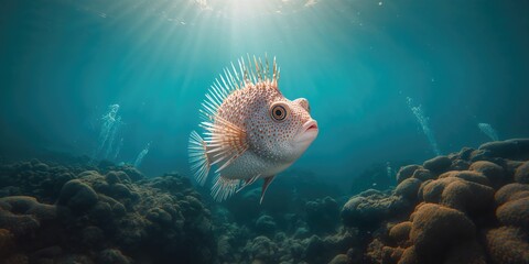 Close-up of a porcupinefish with prominent spines and distinct markings, ideal for aquatic life reference images