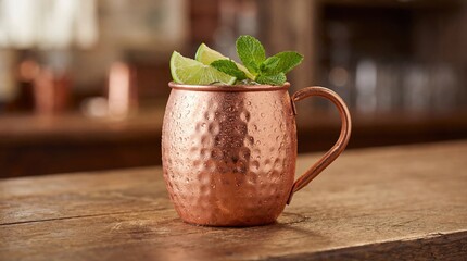 Classic Moscow Mule cocktail served in a traditional hammered copper mug, fresh lime wedges and mint garnish, cold condensation droplets on the mug