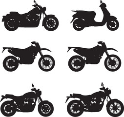 Obraz premium Collection of six distinct black silhouettes of various motorcycles and a scooter, showcasing different styles from cruisers and dirt bikes to a classic scooter, also transparent background