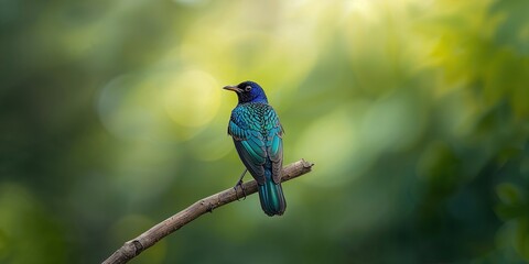 Obraz premium Violet-backed starling, small bird with iridescent plumage, perched on a branch, bird observation day