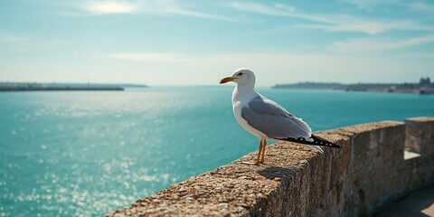 Sea bird featuring yellow beak resting on historic castle structure, highlighting avian habitat