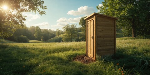 Natural wooden dry toilet in park environment highlights eco-friendly sanitation for environmental awareness