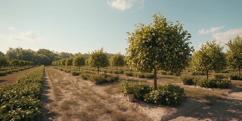 Fototapeta premium Fruit and berry tree and bush nursery for garden planting, supporting local food production