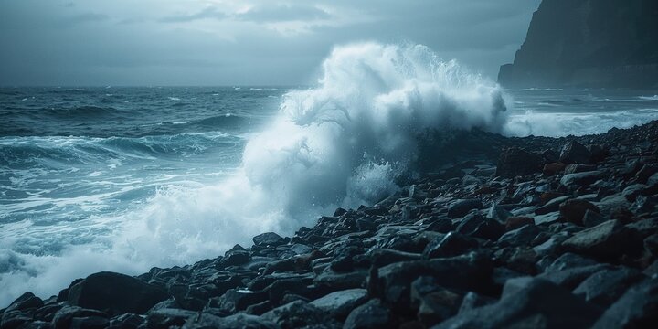 Sea waves hitting jagged rocks, serving as a background for environmental awareness, Earth Day