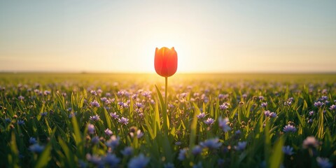 Vivid red tulip among blue cornflowers during early morning, highlighting floral diversity