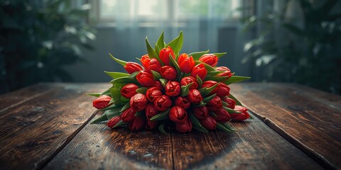 Fresh red tulips placed on a wooden surface, ideal for floral-themed editorial header backgrounds