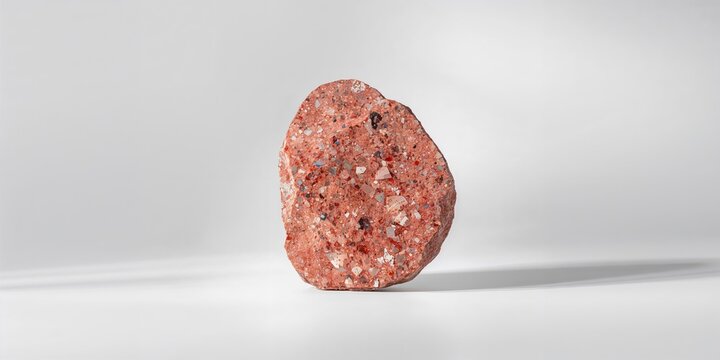 Pink granite slab on white background used for construction or decorative purposes, material durability
