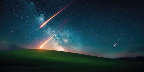 Night scene with fireballs streaking across the sky above a lush hill, showcasing natural celestial phenomena