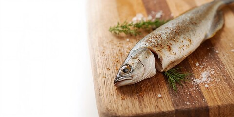 Herring fillet with skin and spices on a rustic board, emphasizing food freshness and handling practices