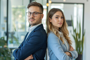 Confident young male and female business professionals standing back to back in a modern office with natural light and blurred background