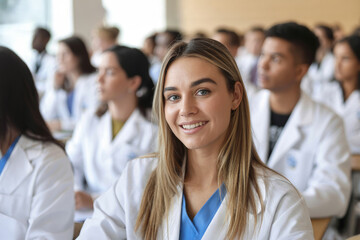 Close up portrait of a confident young blonde female physician in a lab coat and blue scrubs smiling while attending a medical seminar.