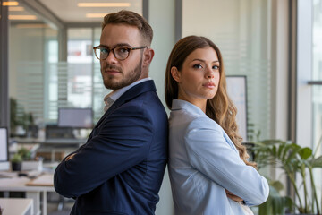 Professional portrait of a determined businessman and businesswoman posing back to back with arms folded in a bright spacious glass office interior