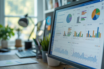 Close up of a modern computer monitor displaying colorful business data analytics dashboard with charts graphs and financial statistics on a wooden office desk workspace