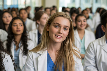 Portrait of a charming young female medical student in a lab coat smiling at the camera during a group session in a bright lecture hall.