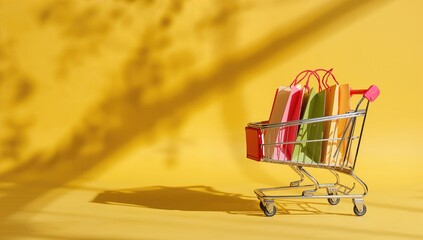Trolley cart and vibrant paper shopping bags on yellow backdrop designed for discount sales, supermarket marketing, and online shopping campaigns