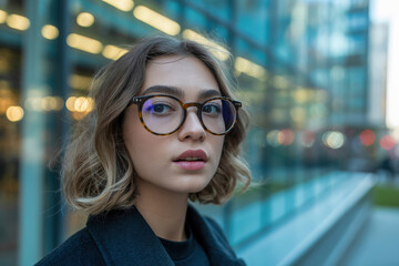 Portrait of an attractive young woman wearing tortoise shell glasses in a modern city setting with glass buildings and reflection in the background