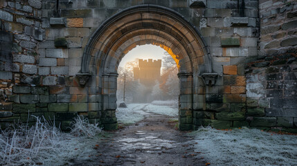 Fototapeta premium Historic Stone Archway Path at Sunrise