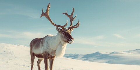 Reindeer harnessed in snowy landscape, focusing on animal movement in winter conditions