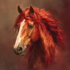 Obraz premium Fiery red horse portrait with flowing mane against a warm, dramatic background