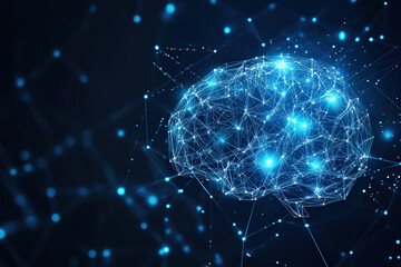 Artificial intelligence concept with digital brain shape made of glowing network connections.