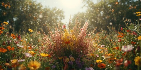 Obraz premium Bright flowers in a garden setting with delicate petals moving in the wind, highlighting nature's renewal