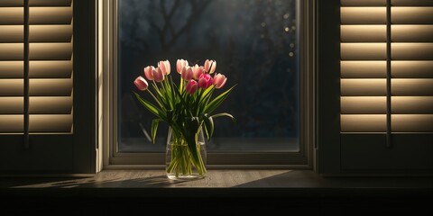 Pink and white tulips with green leaves displayed in a clear glass vase on a night-time windowsill, highlighting floral decor, World Floral Design Day